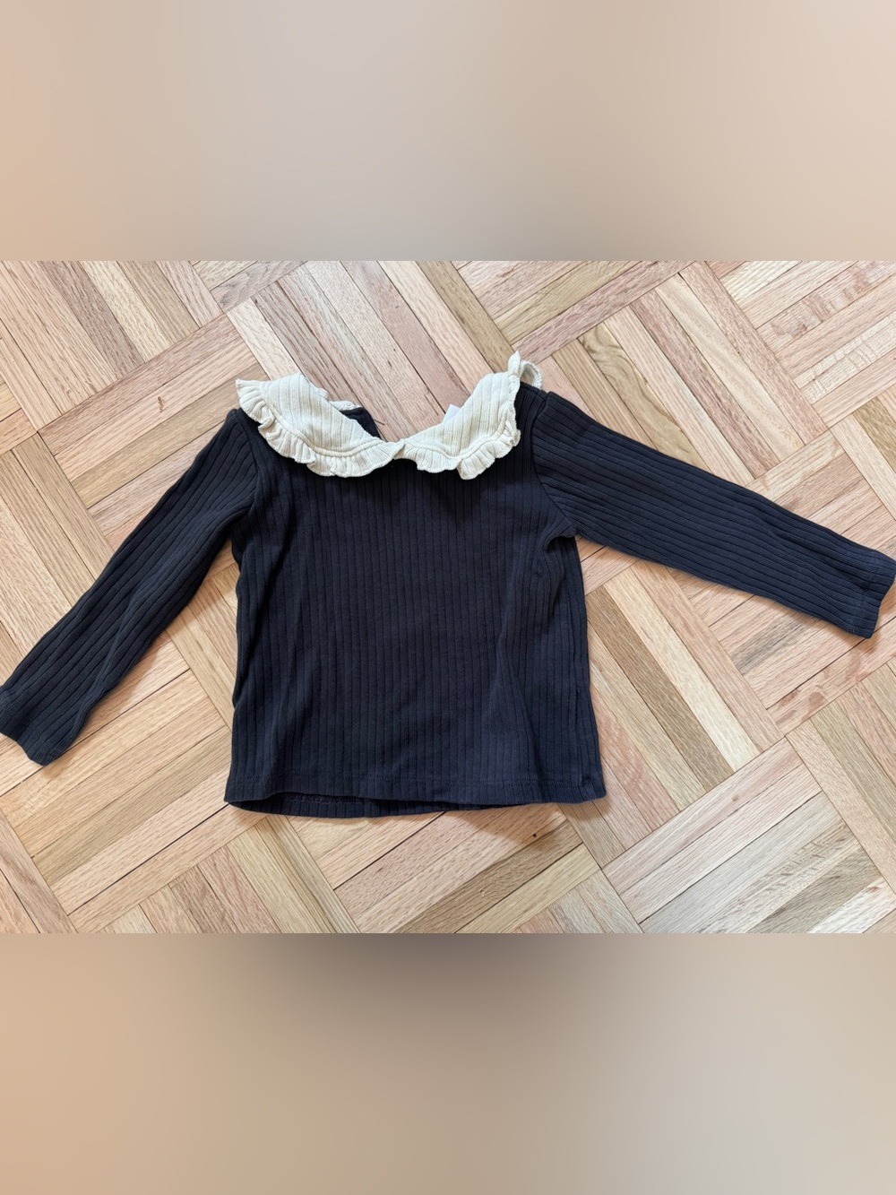 Zara Girls Black Ribbed Top with Cream Ruffle Collar